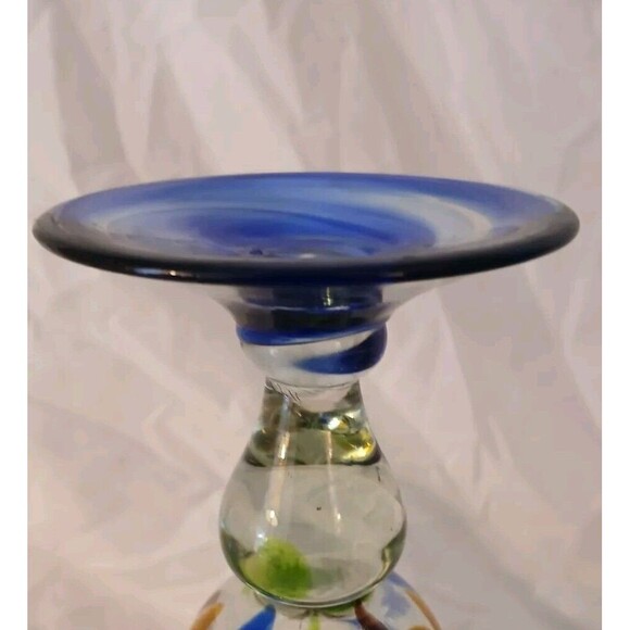 Set of 2 Mexican Art Glass Swirl Stripe Wine Water Goblet Hand Blown 8" Footed - Picture 4 of 7
